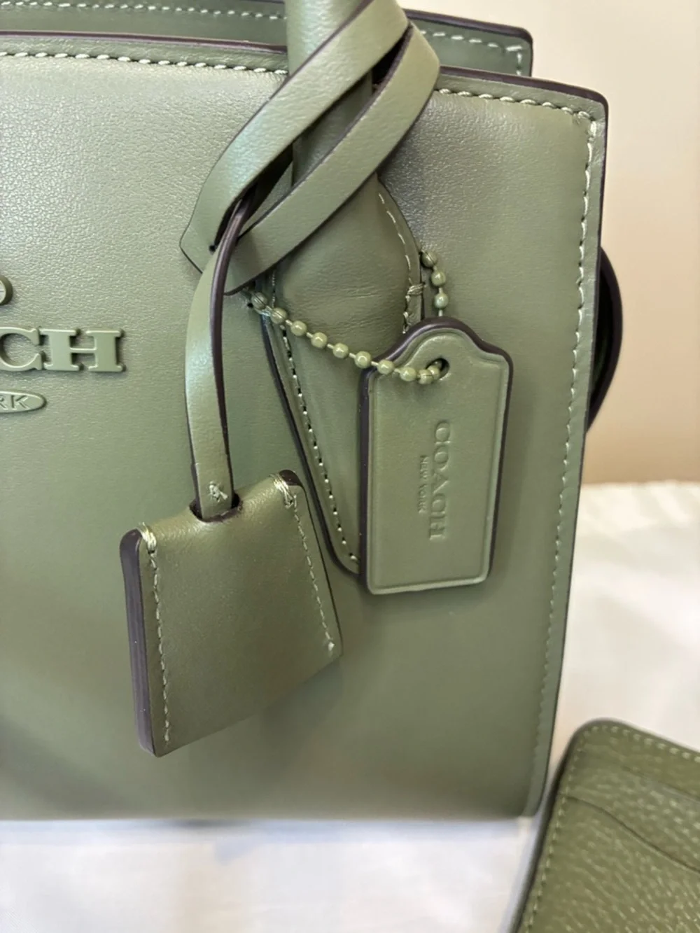 Coach Andrea Carryall with Coach Pebbled Leather Zip Card Case in Military Green